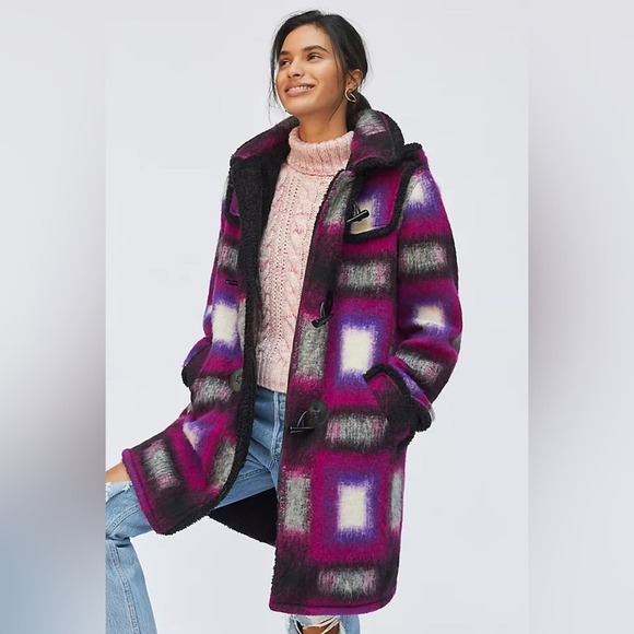 Anna Sui Ombre Plaid Toggle Hooded Wool Blend Coat Jacket Women Size 6 - Picture 3 of 16